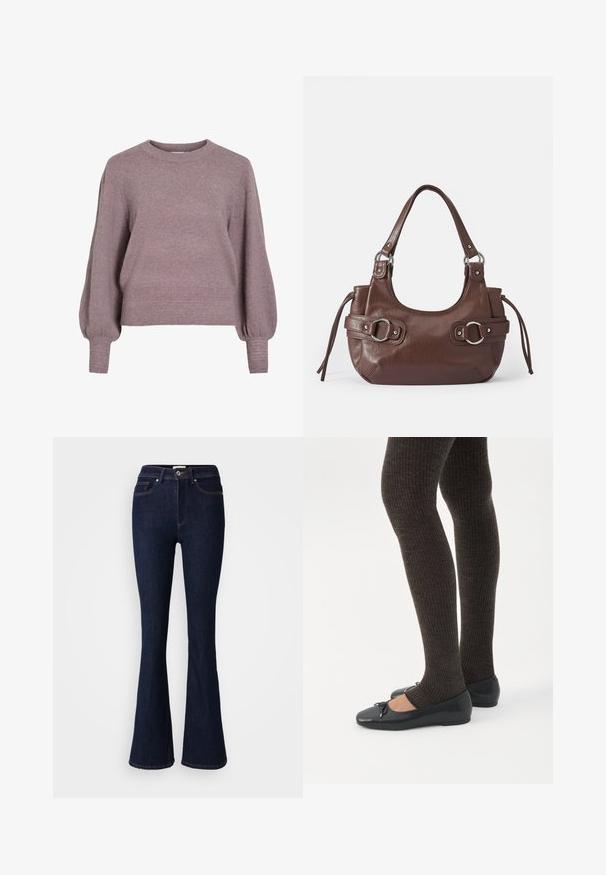 Gebreide pullover trui in zacht paars, met een ronde hals, lange ballonmouwen en een geribbelde zoom en manchetten voor een textuurafwerking.; Uitlopende donkerblauwe spijkerbroek met een hoge taille, knoopsluiting en voor- en achterzakken. Gladde textuur met contrasterende stikdetails.; Benen met donkere geribbelde leggings gecombineerd met zwarte ballerina's met kleine strikdetails op een witte achtergrond.; Bruine leren handtas met ronde vorm, zilveren hardware, twee zijriemen en een gladde textuur. Beschikt over een enkele handgreep aan de bovenkant.