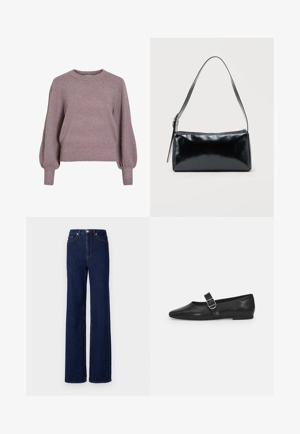 Gebreide pullover trui in zacht paars, met een ronde hals, lange ballonmouwen en een geribbelde zoom en manchetten voor een textuurafwerking.; Donkerblauwe denim jeans met een hoge taille, wijde pijpen en een klassieke vijf-pocket stijl. Afgewerkt met contrasterende stiksels en een metalen knoop.; Zwarte leren platte schoen met een ronde neus, een enkele verstelbare gespsluiting en een gladde, glanzende textuur. Minimalistisch ontwerp met een lage hak.; Zwarte rechthoekige schoudertas met een enkele verstelbare band en een bovenste ritssluiting op een effen achtergrond.
