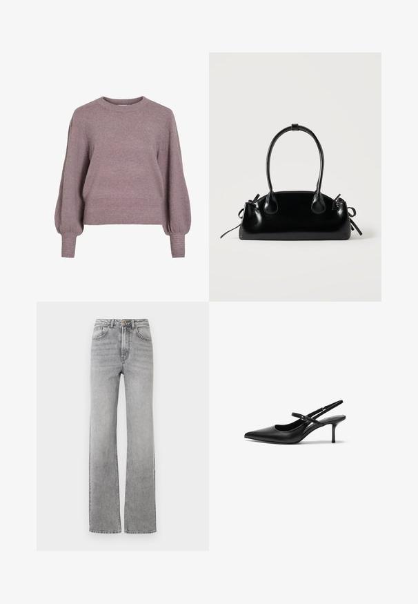 Strikket pullover i blød lilla med rund hals, lange ballonærmer og ribkant i nederkant og ved ærmerne for en struktureret finish.; Slidsegrå denimjeans med lige ben, knap- og lynlåsclosure, frontlommer og bæltestropper på en hvid baggrund.; Sorte læder slingback hæle med spids tå, slank justerbar rem og en stiletto hæl på cirka 5 cm, glat tekstur.; Lille sort blank håndtaske med to lange håndtag og snøre-detaljer i siden på en ensfarvet lys baggrund.
