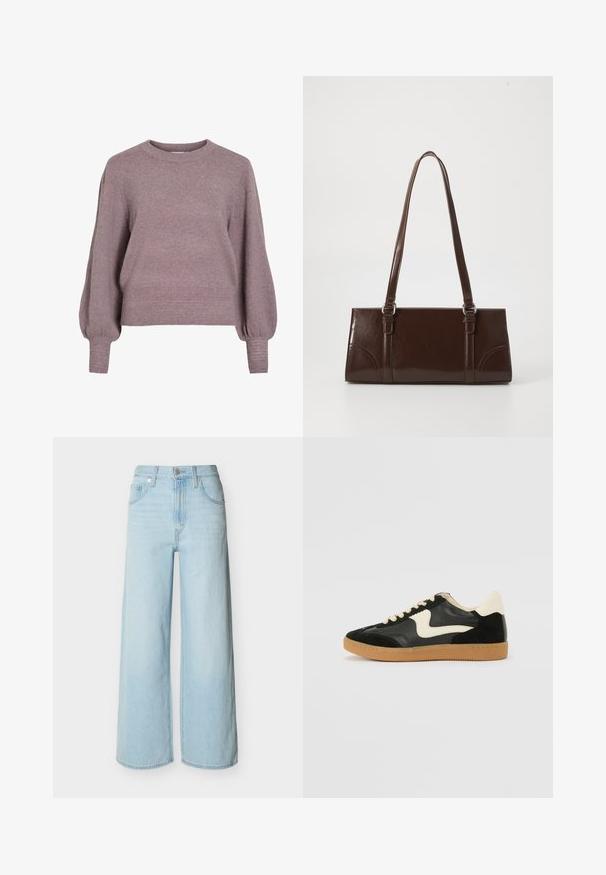 Gebreide pullover trui in zacht paars, met een ronde hals, lange ballonmouwen en een geribbelde zoom en manchetten voor een textuurafwerking.; Lichtblauwe jeans met wijde pijpen, voorop met knopen en ritssluiting, voorzien van riemlussen en het klassieke ontwerp met vijf zakken.; Zwarte suède en leren sneaker met een crèmekleurige zij-swoosh en lichte crèmekleurige hiel. Voorzien van beige veters en een gumrubberen zool.; Bruine lakleren handtas met een rechthoekige vorm, twee lange handvatten en subtiele gebogen accenten aan de voorkant.