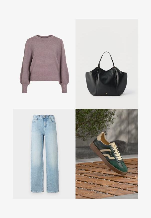Gebreide pullover trui in zacht paars, met een ronde hals, lange ballonmouwen en een geribbelde zoom en manchetten voor een textuurafwerking.; Lichtblauwe denim wijdpijpen jeans met een klassiek vijfvak ontwerp, knoopsluiting en subtiele vervaging voor textuur.; Donkergroene en beige leren sneaker met crèmekleurige veters op een gestructureerd houten en stenen buitenshuis oppervlak, groene bladeren en een grijze muur op de achtergrond.; Zwarte leren shopper met twee schouderbanden en een klein goudkleurig logo onderaan in het midden, afgebeeld tegen een effen achtergrond.