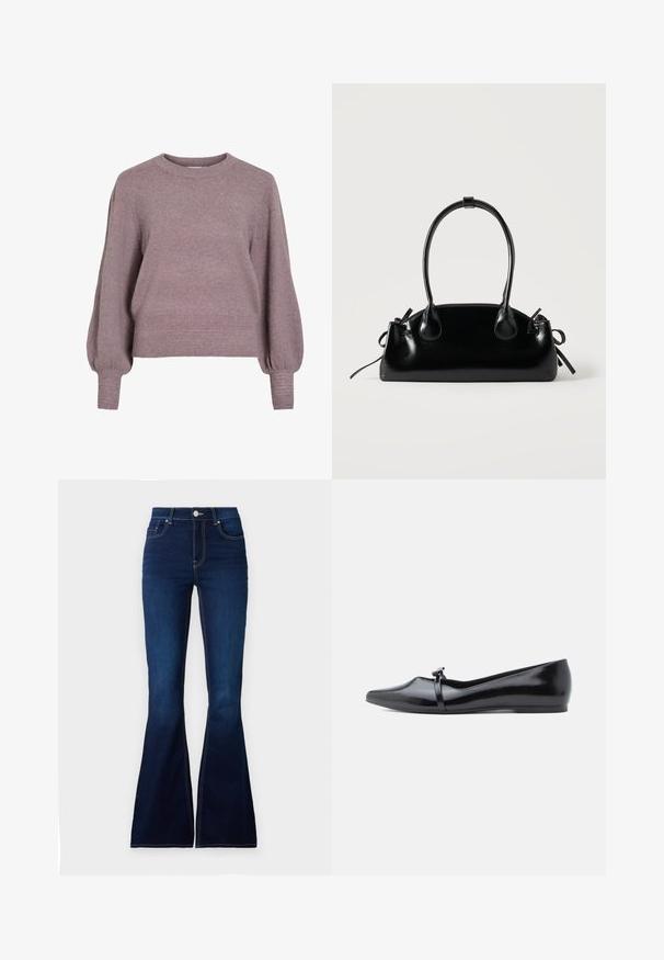Strikket pullover i blød lilla med rund hals, lange ballonærmer og ribkant i nederkant og ved ærmerne for en struktureret finish.; Mørkeblå bredde jeans med høj talje, lavet af denim. Har kontrast stikninger og en frontlukning med knap. Glat tekstur.; Sort laklæderballerina med spids tå, dekorativ rem og glat tekstur. Minimalistisk design uden synlige detaljer.; Lille sort blank håndtaske med to lange håndtag og snøre-detaljer i siden på en ensfarvet lys baggrund.