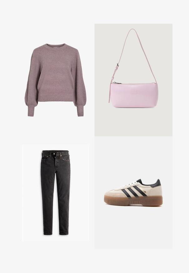 Gebreide pullover trui in zacht paars, met een ronde hals, lange ballonmouwen en een geribbelde zoom en manchetten voor een textuurafwerking.; Zwarte denim jeans met een rechte pijp, voorzien van vijf zakken, koperen hardware en een licht vervaagde textuur.; Witte en beige sneaker met zwarte strepen, zwarte hielstrook, "Spezial" label in goud en een dikke, doorschijnende bruine zool.; Roze leren handtas met een gladde textuur, ovale vorm, lange verstelbare schouderband en een ritsafsluiting. Voorzien van het merklogo dat op de voorkant is geperst.