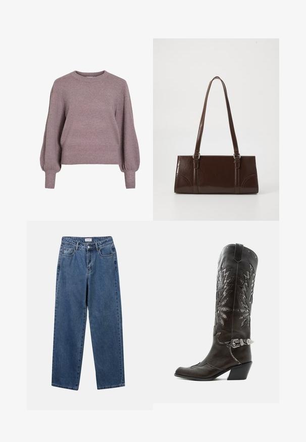 Strikket pullover i blød lilla med rund hals, lange ballonærmer og ribkant i nederkant og ved ærmerne for en struktureret finish.; Klassiske blå denimbukser med lige ben, fem lommer og knaplukning. Har en medium vask og en robust tekstur.; Sort læder cowboystøvle med dekorative udskæringer, sølvspænde og skrå hæl, vist på hvid baggrund.; Brun lakeret håndtaske med rektangulær form, to lange håndtag og subtile buede detaljer på fronten.