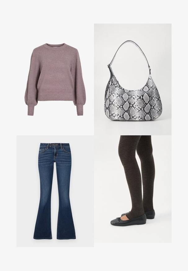 Pull en tricot dans un doux violet, avec un col rond, de longues manches ballons et un ourlet et des poignets côtelés pour une finition texturée.; Jean évasé en denim bleu foncé, doté d'un design classique à cinq poches, de coutures contrastantes et d'une braguette zippée avec fermeture par bouton.; Jambes portant des leggings côtelés foncés associés à des ballerines noires avec de petits détails en nœud sur fond blanc.; Sac à épaule en simili cuir noir et blanc avec imprimé serpent, de forme arrondie, texture lisse et bandoulière incurvée. Présente un accent en matériel argenté.