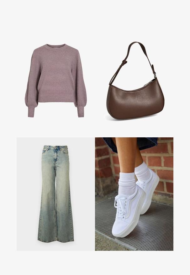 Strikket pullover i blød lilla med rund hals, lange ballonærmer og ribkant i nederkant og ved ærmerne for en struktureret finish.; Lyseblå vide jeans lavet af denim, med høj talje, bleget vask og sidelommer med synlige stikninger.; Hvide lærreds sneakers med gummisåler, der har seks snørehuller, rund tå og let sømdetaljer, krydret med hvide ankelstrømper.; Lille brun skuldertaske i læder med justerbar rem og lynlåslukning, vist mod hvid baggrund. Ingen synligt branding eller dekorationer.