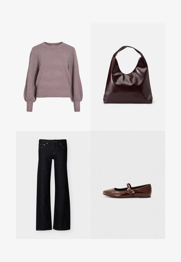 Strikket pullover i blød lilla med rund hals, lange ballonærmer og ribkant i nederkant og ved ærmerne for en struktureret finish.; Sorte vidde jeans i denim med forlommer, knaplukning og synlige syninger, vist mod en ensfarvet hvid baggrund.; Brun patentlæder balletflade med firkantet tå og strop med en lille guldbuckle. Glat tekstur, lav hæl og minimalistisk design.; Bordeaux, skinnende vegansk læder tote taske med en blød, skulpturel form og et bredt, buet håndtag for nem bæring.
