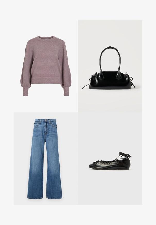 Gebreide pullover trui in zacht paars, met een ronde hals, lange ballonmouwen en een geribbelde zoom en manchetten voor een textuurafwerking.; Blauwe high-waisted wijde jeans met knoop- en ritsluiting, voorzakken en subtiele vervaging op de stof.; Zwarte ballerina's van lakleer met een afgeronde neus, veterdesign en een platte zool. Glad oppervlak met minimale details.; Kleine zwarte glanzende handtas met twee lange hengsels en zijkant trekkoord details op een effen lichte achtergrond.