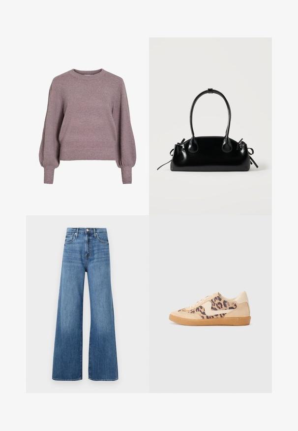 Gebreide pullover trui in zacht paars, met een ronde hals, lange ballonmouwen en een geribbelde zoom en manchetten voor een textuurafwerking.; Blauwe high-waisted wijde jeans met knoop- en ritsluiting, voorzakken en subtiele vervaging op de stof.; Luipaardprint sneakers met een beige suède bovenkant, tan rubberen zool en witte accenten. Ronde neus en vetersluiting met een gestructureerde afwerking.; Kleine zwarte glanzende handtas met twee lange hengsels en zijkant trekkoord details op een effen lichte achtergrond.