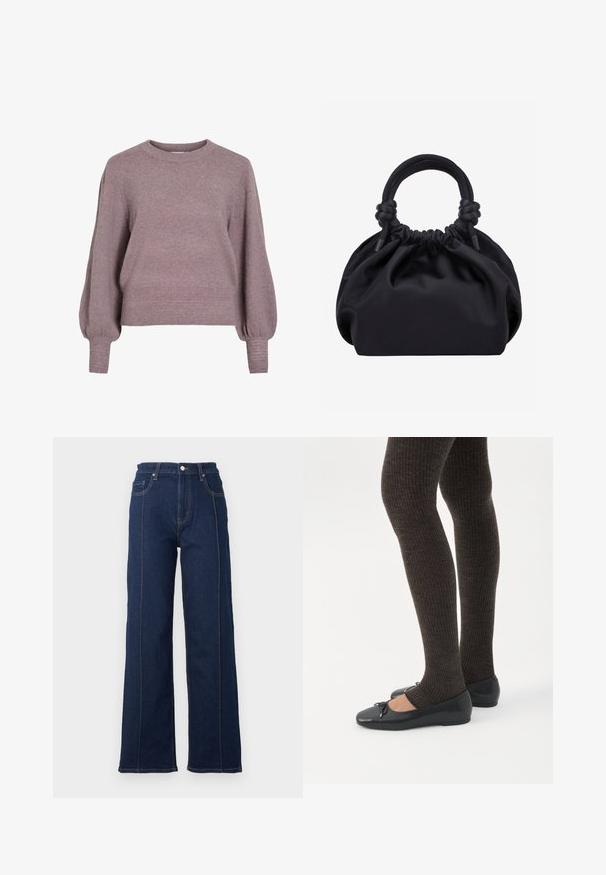 Gebreide pullover trui in zacht paars, met een ronde hals, lange ballonmouwen en een geribbelde zoom en manchetten voor een textuurafwerking.; Donkerblauwe denim broek met wijde pijpen, opvallende stiksels, hoge taille en vijf zakken. Voorzien van een sluiting met knoop en rits aan de voorkant.; Benen met donkere geribbelde leggings gecombineerd met zwarte ballerina's met kleine strikdetails op een witte achtergrond.; Zwarte zachte stoffen handtas met geplooide bovenkant en ronde gewatteerde handvatten, vastgeknoopt aan elke kant.