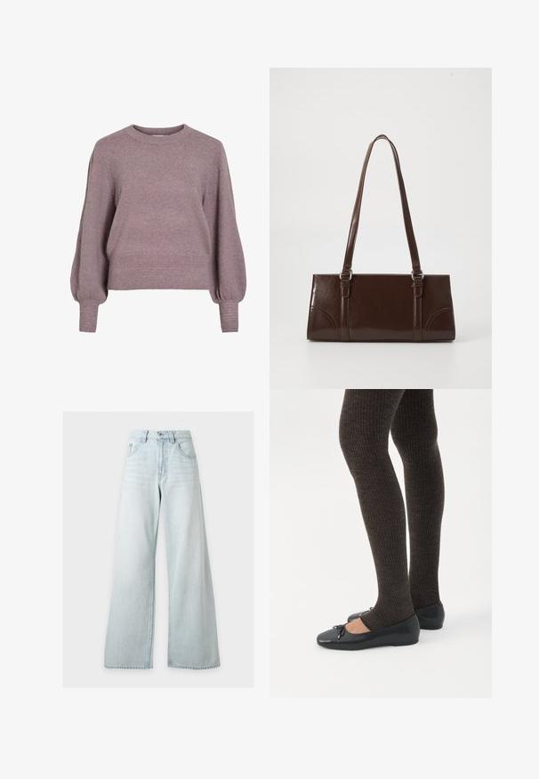 Gebreide pullover trui in zacht paars, met een ronde hals, lange ballonmouwen en een geribbelde zoom en manchetten voor een textuurafwerking.; Lichtblauwe jeans met hoge taille en wijde pijpen, met voorste knoop en rits, voorzakken en riemlussen op een witte achtergrond.; Benen met donkere geribbelde leggings gecombineerd met zwarte ballerina's met kleine strikdetails op een witte achtergrond.; Bruine lakleren handtas met een rechthoekige vorm, twee lange handvatten en subtiele gebogen accenten aan de voorkant.