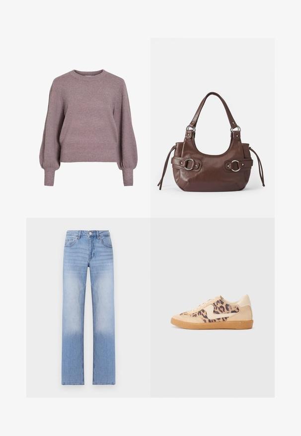 Gebreide pullover trui in zacht paars, met een ronde hals, lange ballonmouwen en een geribbelde zoom en manchetten voor een textuurafwerking.; Lichtblauwe denim jeans met een rechte pijpdesign, kenmerkend door een vervaagde was aan de onderste helft en klassieke vijf-pocketstyling.; Luipaardprint sneakers met een beige suède bovenkant, tan rubberen zool en witte accenten. Ronde neus en vetersluiting met een gestructureerde afwerking.; Bruine leren handtas met ronde vorm, zilveren hardware, twee zijriemen en een gladde textuur. Beschikt over een enkele handgreep aan de bovenkant.