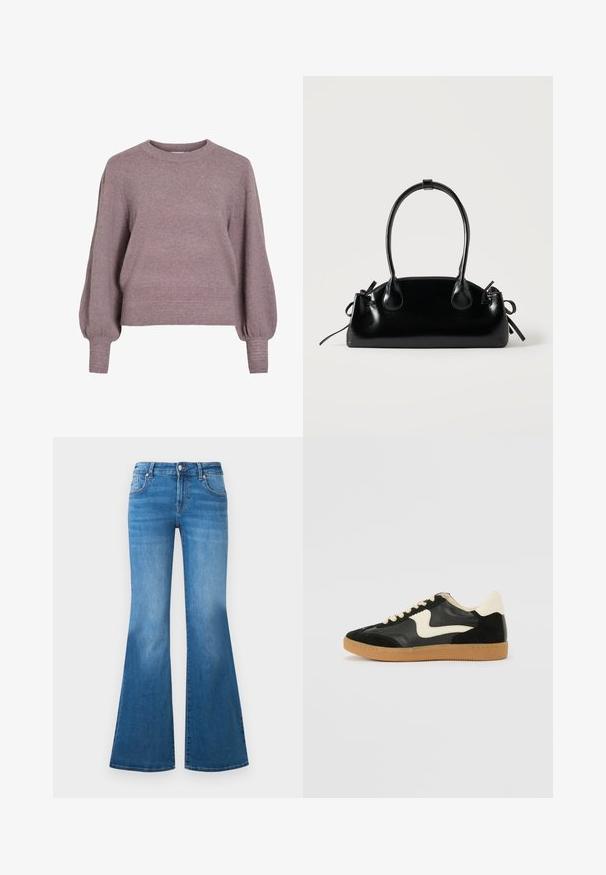 Gebreide pullover trui in zacht paars, met een ronde hals, lange ballonmouwen en een geribbelde zoom en manchetten voor een textuurafwerking.; Flared blauwe denim jeans met een medium hoge taille, vijf zakken en vervaagde details op de dijen. Zilveren accenten op de knopen.; Zwarte suède en leren sneaker met een crèmekleurige zij-swoosh en lichte crèmekleurige hiel. Voorzien van beige veters en een gumrubberen zool.; Kleine zwarte glanzende handtas met twee lange hengsels en zijkant trekkoord details op een effen lichte achtergrond.