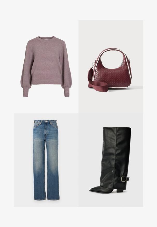Gebreide pullover trui in zacht paars, met een ronde hals, lange ballonmouwen en een geribbelde zoom en manchetten voor een textuurafwerking.; Hoge taille, wijde jeans in lichtblauwe denim met subtiele vervaging, vijf-pocket ontwerp en metalen hardware accenten.; Zwarte leren enkellange laarzen met een spitse neus, een gladde textuur en een zilveren gesps Accent aan de zijkant. Stevige vierkante hak.; Donkerrode geweven leren handtas met gebogen handvat, witte bies, zilveren rits en afneembare brede stoffen schouderriem tegen een effen achtergrond.