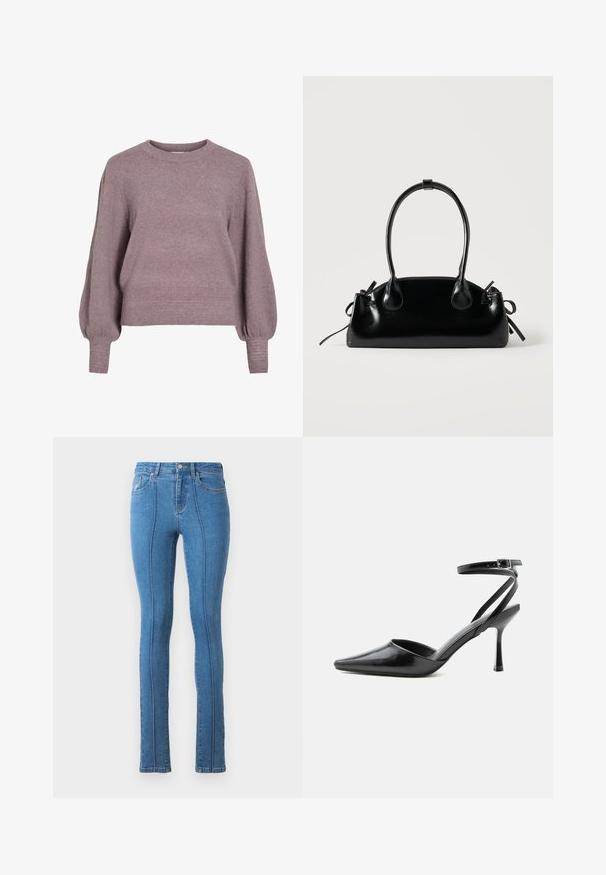 Gebreide pullover trui in zacht paars, met een ronde hals, lange ballonmouwen en een geribbelde zoom en manchetten voor een textuurafwerking.; Blauwe denim skinny jeans met een hoge taille en een slanke pasvorm. Voorzien van stikseldetails langs de naden en typische voor- en achterzakken.; Zwarte pumps met puntige neus, dunne enkelbandjes en een zilveren gesp op een effen lichte achtergrond.; Kleine zwarte glanzende handtas met twee lange hengsels en zijkant trekkoord details op een effen lichte achtergrond.