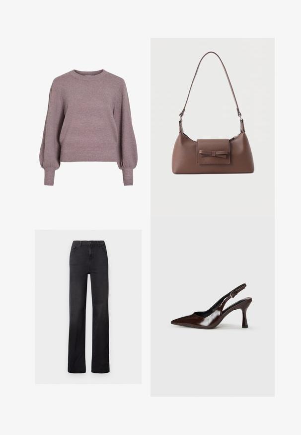 Gebreide pullover trui in zacht paars, met een ronde hals, lange ballonmouwen en een geribbelde zoom en manchetten voor een textuurafwerking.; Zwarte denim recht gesneden jeans met een hoge taille, vijf-pocket ontwerp en zichtbare stiksels. Glad oppervlak met een licht vervaagde afwerking.; Bruine gepatineerde leren slingback pumps met een spitse neus, een dunne hak en een verstelbaar bandje met een kleine gesp.; Bruine leren schoudertas met een voorvak met klep en een gestikte strikdetail en een verstelbare band.