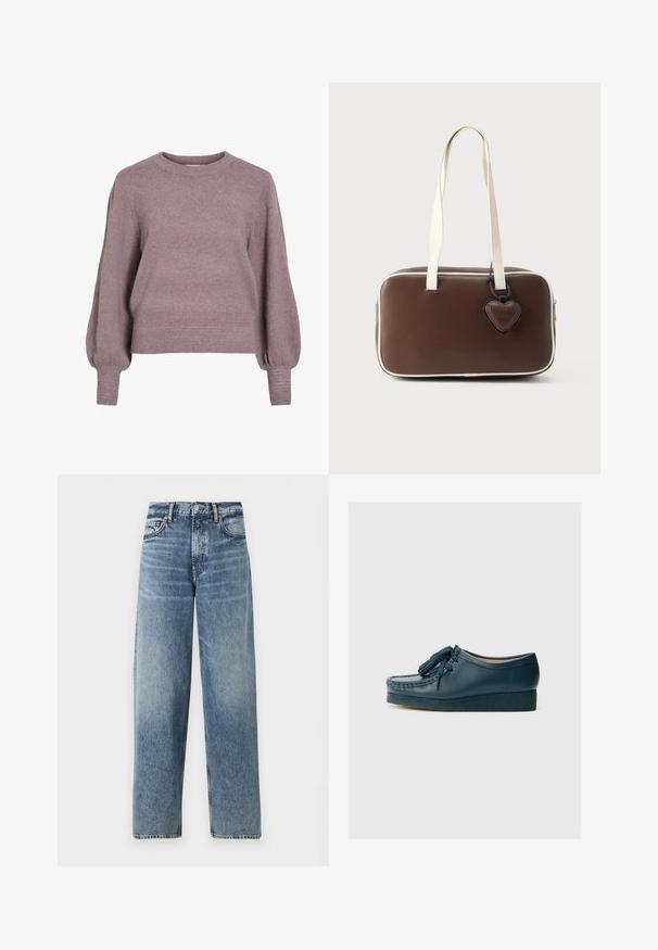 Gebreide pullover trui in zacht paars, met een ronde hals, lange ballonmouwen en een geribbelde zoom en manchetten voor een textuurafwerking.; Lichtblauwe denim jeans met een rechte pasvorm, hoge taille en subtiele vervaging. Voorzien van vijf zakken en een knoopsluiting.; Marineblauwe moccasinschoen met een gladde leren afwerking, uitgerust met decoratieve franjes en een gestructureerde wigzool voor betere grip.; Bruine handtas van imitatieleer met witte biezen, rechthoekige vorm, korte handvatten en een decoratief hartvormig label eraan bevestigd.