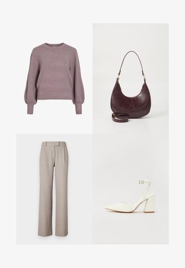 Strikket pullover i blød lilla med rund hals, lange ballonærmer og ribkant i nederkant og ved ærmerne for en struktureret finish.; Beige skræddersyede bukser lavet af et struktureret stof, med et lige ben-design og frontfolder. Ingen synligt hardware eller mønstre.; Hvide hælede sandaler med spids tå, justerbar ankelrem og en kraftig firkantet hæl. Glat tekstur med minimale syninger.; Bordeaux læder skuldertaske med en buet form, lynlås lukning og en aftagelig rem. Har en glat overflade og guldfarvede hardware detaljer.