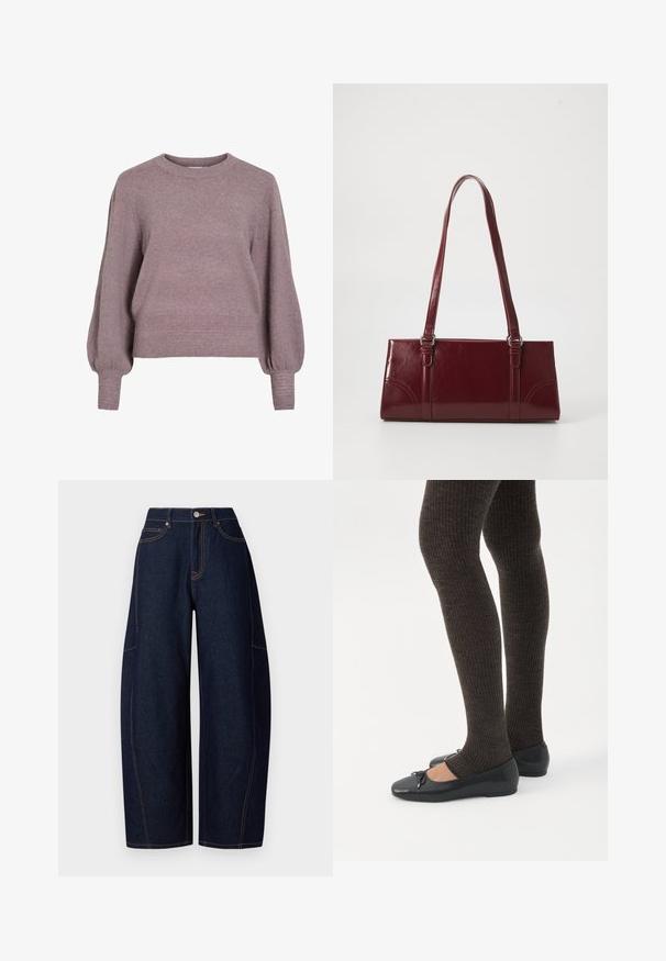 Gebreide pullover trui in zacht paars, met een ronde hals, lange ballonmouwen en een geribbelde zoom en manchetten voor een textuurafwerking.; Brede donkerblauwe denim broek met contrasterende oranje stiksels, vijf zakken en een knoop- en ritssluiting aan de taille.; Benen met donkere geribbelde leggings gecombineerd met zwarte ballerina's met kleine strikdetails op een witte achtergrond.; Bourgondische handtas van glanzend materiaal, rechthoekige vorm, met twee schouderbanden en subtiele gebogen accenten aan de voorkant.