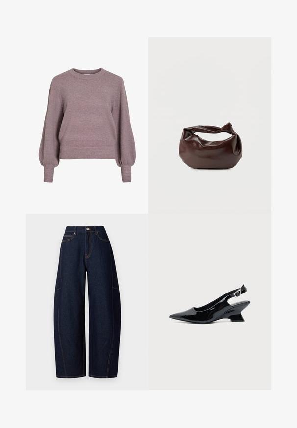 Strikket pullover i blød lilla med rund hals, lange ballonærmer og ribkant i nederkant og ved ærmerne for en struktureret finish.; Bredde ben mørkeblå denimbukser med kontrasterende orangetråd, fem lommer og en knap- og lynlåslukning i taljen.; Sort laklæder slingback sko med spids tå og lav vinklet blokhæl på ensartet lys baggrund.; Mørkebrun læder skuldertaske med en blød, afslappet form og et snoet knudehåndtag på en ensartet hvid baggrund.