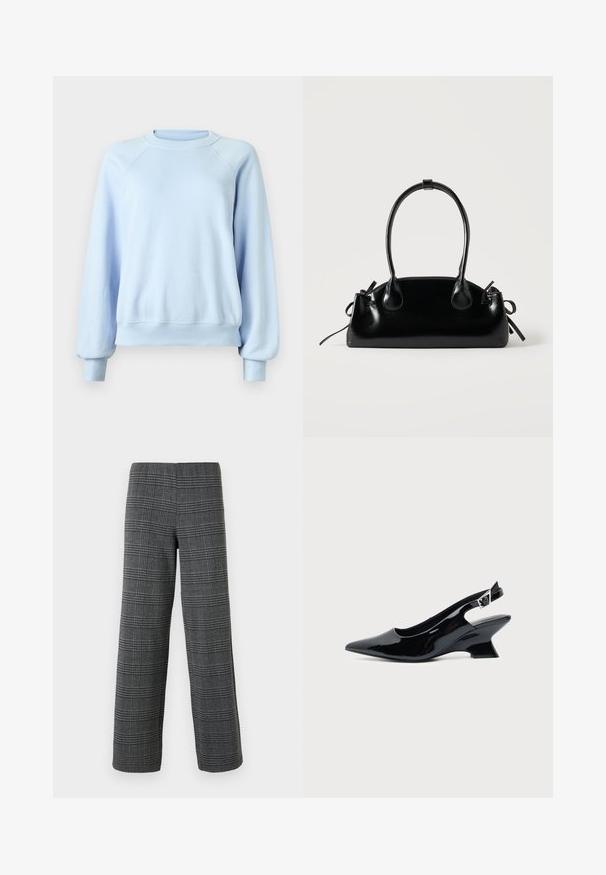 Sweatshirt à col rond à manches longues de couleur bleu clair avec des poignets et un ourlet côtelés, présenté sur un fond blanc uni.; Vero Moda VMBERLIN WIDE PANT - Pantalon classique - dark grey/black; Chaussure slingback en cuir verni noir avec bout pointu et petit talon bloc incliné sur fond clair uni.; Petit sac à main noir brillant avec deux longues anses et des détails à cordon sur les côtés sur un fond clair uni.