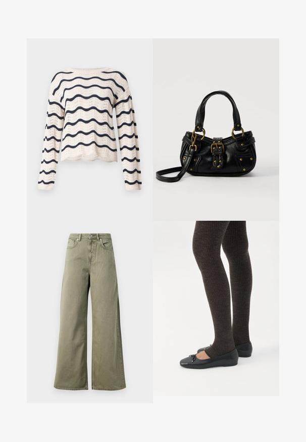 Pull en maille crème avec manches longues et rayures ondulées horizontales bleu marine sur le corps et les manches, encolure ronde et ourlet festonné.; Jeans taille haute, vert olive, à jambes larges avec bouton avant, fermeture éclair et design à cinq poches sur fond blanc.; Jambes portant des leggings côtelés foncés associés à des ballerines noires avec de petits détails en nœud sur fond blanc.; Sac à main en cuir noir avec boucle dorée et détails à rivets, poignées courtes et bandoulière réglable sur fond blanc uni.