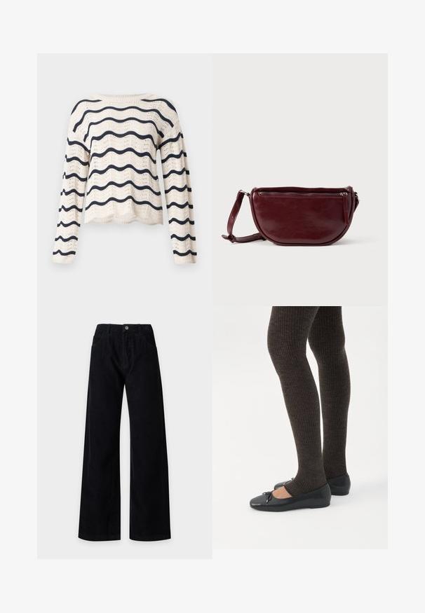 Pull en maille crème avec manches longues et rayures ondulées horizontales bleu marine sur le corps et les manches, encolure ronde et ourlet festonné.; Pantalon large en velours côtelé noir avec poches avant et fermeture à bouton à la taille, présenté sur un fond clair uni.; Jambes portant des leggings côtelés foncés associés à des ballerines noires avec de petits détails en nœud sur fond blanc.; Sac à main en cuir marron foncé avec une forme en demi-lune, une fermeture éclair et une bandoulière amovible. Texture lisse avec un léger éclat.