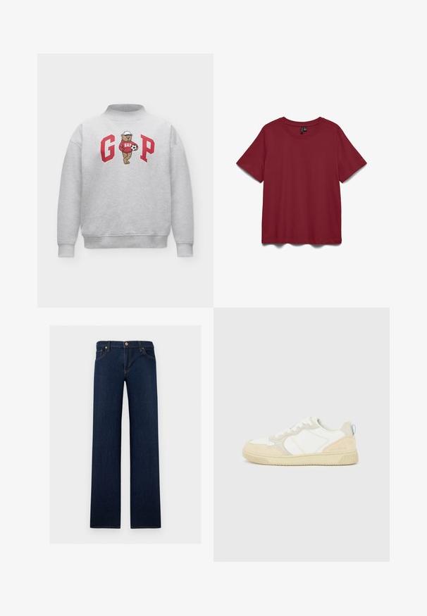 Sweat-shirt gris clair avec les lettres rouges G et P, représentant un ours portant un sweat à capuche rouge GAP et une casquette blanche tenant un ballon de football entre les lettres.; Vero Moda PAULINA - T-shirt basique - biking red; Jean en denim bleu foncé droit avec cinq poches et une fermeture à boutons à la taille.; Baskets blanches et beiges avec dessus en suède et textile, présentant des coutures contrastées, une semelle en caoutchouc et un accent bleu clair sur le talon.