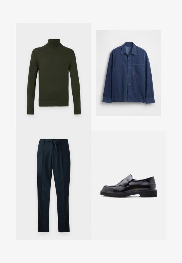 Grøn turtleneck sweater lavet af blødt stof med lange ærmer, ribbede manchetter og kant, der har en tætsiddende silhuet og en glat overflade.; Marineblå kordfløjls skjorte med krave, lange ærmer og en frontlomme. Knappelukning og tekstureret stof.; Marineblå bukser lavet af tekstureret stof, med elastisk talje, lige ben og to frontfældinger for et skræddersyet udseende.; Sorte læder slip-on sko med et slankt design, rund tå og en tyk, struktureret gummisål. Har en dekorativ rem på tværs foran.