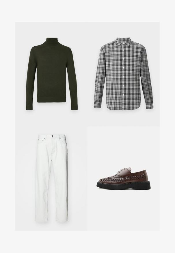 Grøn turtleneck sweater lavet af blødt stof med lange ærmer, ribbede manchetter og kant, der har en tætsiddende silhuet og en glat overflade.; Rutet skjorte i sort og grå. Har en spread krave, lange ærmer og hvide knapper. Lavet af letvægtsstof med en struktureret finish.; Hvide denimbukser med lige pasform, fem-lomme design, knaplukning og subtile syninger. Glat tekstur og minimalistisk stil.; Brun læder snørestøvle med vævede detaljer langs siderne og en tyk sort platformsål, vist i profil på hvid baggrund.