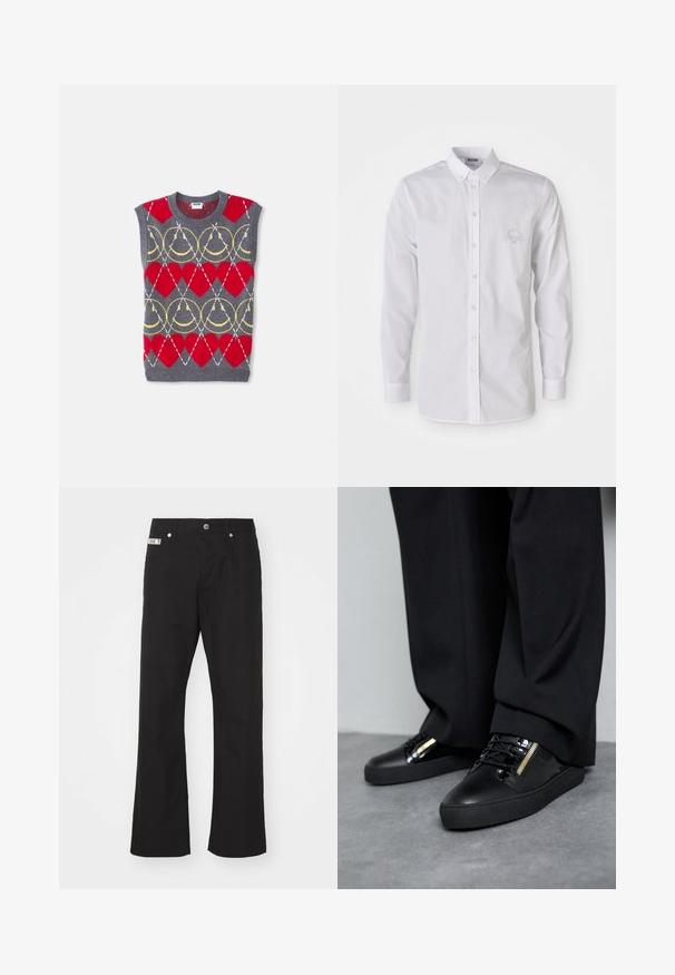 Pull sans manches en tricot gris avec des cœurs rouges, des chaînes jaunes et des lignes blanches en diagonale dans un motif répétitif, étiqueté Moschino.; Chemise blanche à manches longues, à col boutonné, avec un logo brodé discret sur la poitrine gauche.; Pantalons en coton noir avec une coupe droite, dotés d'une fermeture à bouton à l'avant, de deux poches latérales et d'une petite étiquette de marque sur la taille.; Baskets en cuir noir avec des accents brillants, des lacets texturés et un détail de fermeture éclair ; associées à un pantalon sombre et ample sur un sol gris.