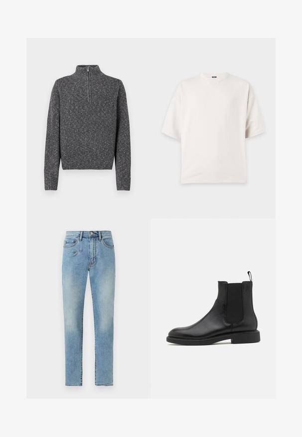 Pull en maille côtelée gris foncé avec manches longues et une courte fermeture éclair à l'avant sur un col montant.; T-shirt blanc uni à manches courtes, col rond, coupe décontractée et petit détail de couture triangulaire sous le col.; Jean en denim bleu clair avec un design classique à cinq poches, fermeture à bouton et délavé sur le devant des cuisses et des genoux.; Botte de cheville en cuir noir avec une texture lisse, des panneaux latéraux élastiques et une languette. Bout rond et semelle en caoutchouc plate avec un minimal de relief.