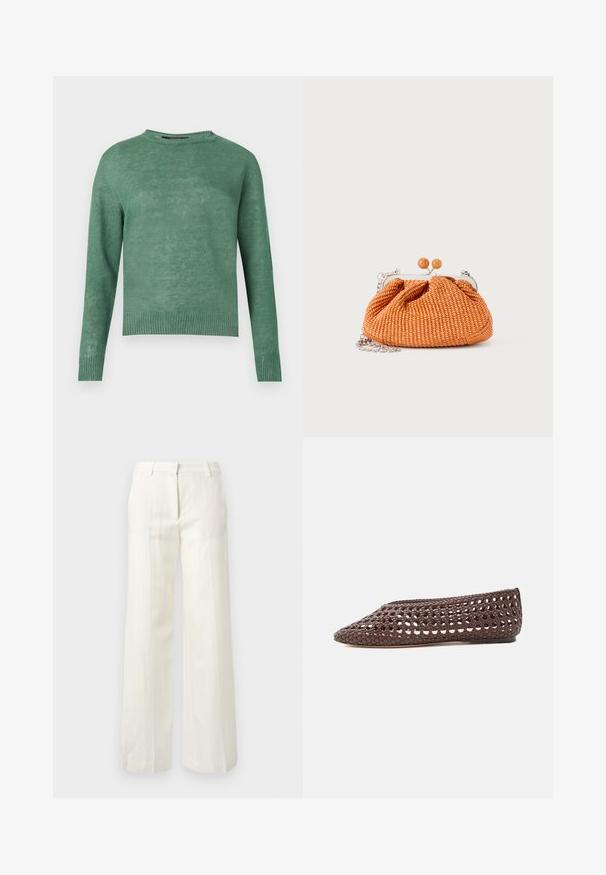 Pull vert à manches longues avec col rond, poignets et ourlet côtelés, fabriqué en tissu tricoté léger.; Pantalon blanc sur mesure avec fines rayures verticales, fermeture éclair à l'avant, passants de ceinture et coupe droite.; Chaussure plate marron avec un motif ajouré tissé et un bout rond fermé, vue de profil sur un fond clair.; Petit sac pochette tissé orange avec cadre en métal argenté, fermoir rond et bandoulière chaîne argentée sur fond blanc.