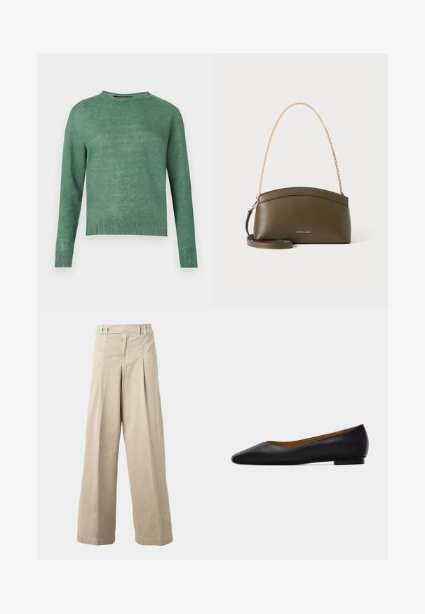 Pull vert à manches longues avec col rond, poignets et ourlet côtelés, fabriqué en tissu tricoté léger.; Pantalon beige taille haute à jambes larges avec passants de ceinture, plis à l’avant et poches latérales, présenté sur un fond clair uni.; Chaussure plate en cuir noir à bout pointu avec talon bas et finition lisse, vue de côté sur un fond gris clair.; Sac à main Michael Kors vert olive avec bandoulière en chaîne dorée, dessus courbé et petit logo doré sur le devant, présenté sur fond blanc.
