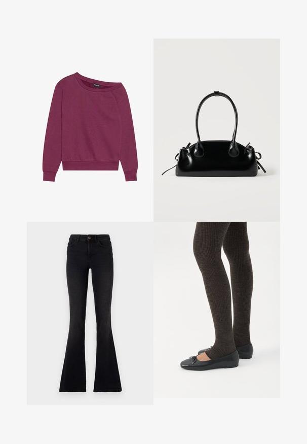 Magenta off-shoulder sweatshirt met lange mouwen, geribbelde manchetten en zoom. Gemaakt van zachte stof, met een ontspannen pasvorm en een gladde textuur.; Zwarte flared jeans van denim. Hoge taille met een knoopsluiting, een slank ontwerp en uitgesproken flared pijpen aan de onderkant.; Benen met donkere geribbelde leggings gecombineerd met zwarte ballerina's met kleine strikdetails op een witte achtergrond.; Kleine zwarte glanzende handtas met twee lange hengsels en zijkant trekkoord details op een effen lichte achtergrond.