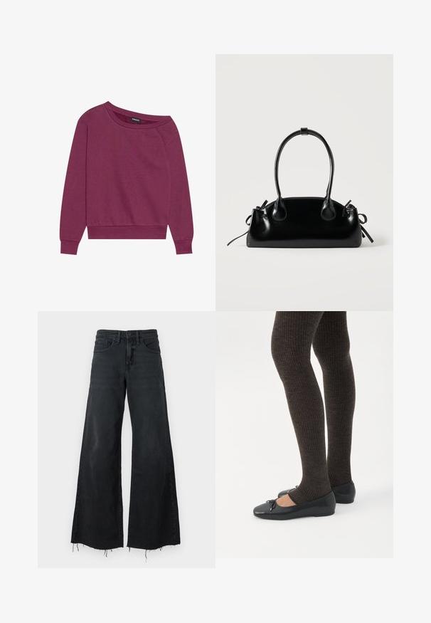 Magenta off-shoulder sweatshirt med lange ærmer, ribbede manchetter og kant. Fremstillet af blødt stof, med en afslappet pasform og glat tekstur.; Good American GOOD EASE RELAXED - Wide leg - black; Ben iført mørke ribbede leggings kombineret med sorte balletsko med små sløjfedetaljer på hvid baggrund.; Lille sort blank håndtaske med to lange håndtag og snøre-detaljer i siden på en ensfarvet lys baggrund.