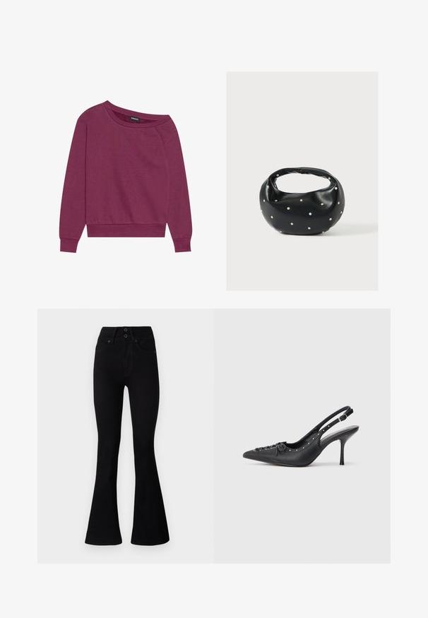 Magenta olkapõhja kapuutsiga sviiter pikkade varrukatega, ribatud paelte ja allääriga. Valmistatud pehmest kangast, millel on lõdva lõikega ja sile tekstuur.; Pepe Jeans FLARE CONTOUR - Flared-farkut - black denim; Musta nahkainen slingback-korkokenkä, jossa on teräväkärkinen muotoilu, sivun solkikiinnitys, niittejä reunoilla ja koristeellinen nyöri edessä.; Musta nahkainen käsilaukku, jossa on pyöreä muoto, koristeltu hopeisilla niittikoristeilla ja lyhyt kahva. Sileä pinta ja vetoketjullinen suljenta.