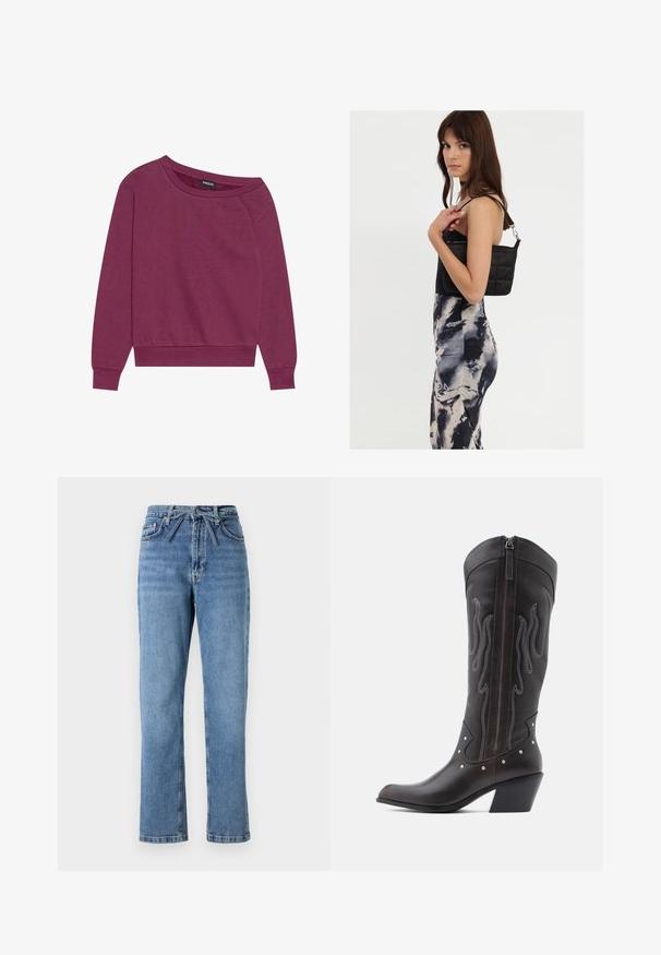 Magenta off-shoulder sweatshirt med lange ærmer, ribbede manchetter og kant. Fremstillet af blødt stof, med en afslappet pasform og glat tekstur.; Lyseblå denimjeans med lige pasform, høj talje, der har en frontsløjfe og klassisk fem-lomme design. Struktureret overflade med subtile falmninger.; Brune læder cowboystøvler med flammebroderi, sidelukning med lynlås, sølvnitter, spids snude og lagdelt hæl.; Sort quiltet skuldertaske med en enkelt rem og sølvhardware, parret med en tætsiddende kjole med tie-dye mønster i nuancer af sort og creme.