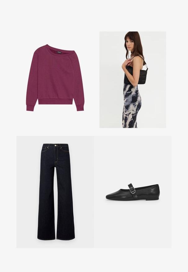 Magenta off-shoulder sweatshirt med lange ærmer, ribbede manchetter og kant. Fremstillet af blødt stof, med en afslappet pasform og glat tekstur.; Mørkeblå brede jeans lavet af denim, med høj talje, kontraststing og en enkelt metalknap foran.; Sorte læder flade sko med rund tå, et enkelt justerbart spænde og en glat, blank overflade. Minimalistisk design med en lav hæl.; Sort quiltet skuldertaske med en enkelt rem og sølvhardware, parret med en tætsiddende kjole med tie-dye mønster i nuancer af sort og creme.