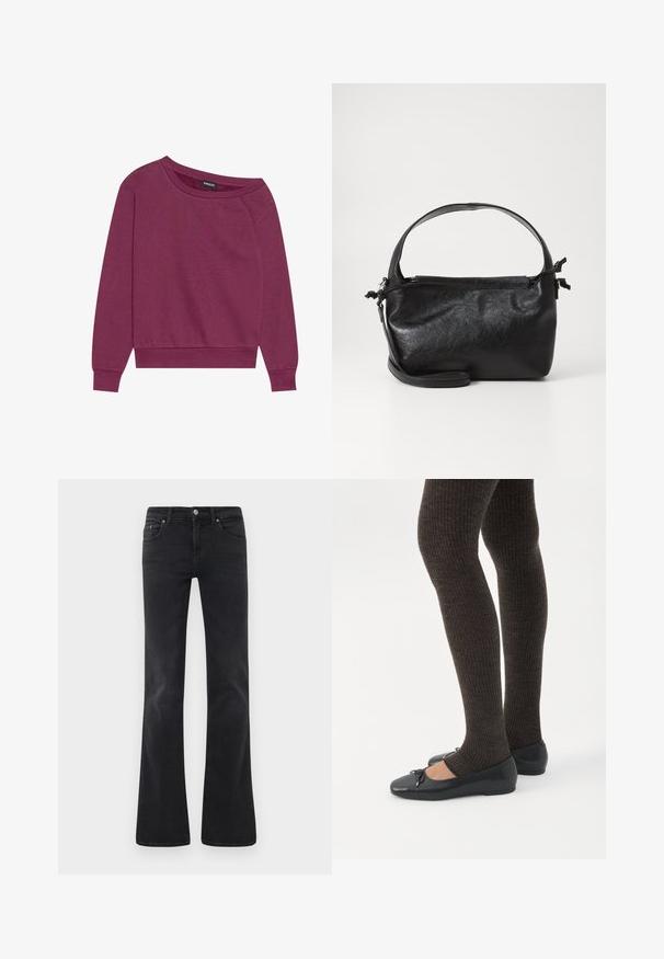 Magenta off-shoulder sweatshirt med lange ærmer, ribbede manchetter og kant. Fremstillet af blødt stof, med en afslappet pasform og glat tekstur.; Sorte flagrende jeans lavet af denim, med et klassisk fem-lomme design, knaplukning og subtile sømdetaljer.; Ben iført mørke ribbede leggings kombineret med sorte balletsko med små sløjfedetaljer på hvid baggrund.; Sort læderhåndtaske med et struktureret design, rund tophåndtag og aftagelig skulderrem. Den har en glat tekstur og en subtil glans.