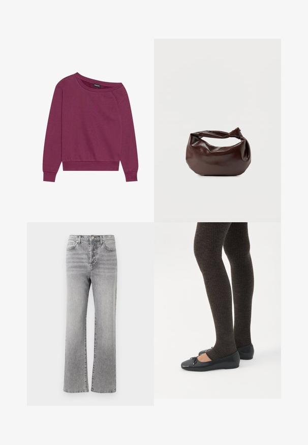 Ματζέντα φανελάκι off-shoulder με μακριά μανίκια, ribbed μανσέτες και στρίφωμα. Κατασκευασμένο από μαλακό ύφασμα, διαθέτει χαλαρή γραμμή και ομαλή υφή.; Γκρι τζιν παντελόνι με ίσιο μπατζάκι, μεσαία μέση, πέντε τσέπες και διακριτική φθορά για υφή. Μεταλλικό κούμπωμα και λεπτομέρειες ραφής.; Πόδια με σκουρόχρωμα ριμπ κολάν συνδυασμένα με μαύρα μπαλαρίνα παπούτσια με μικρές λεπτομέρειες φιόγκων σε λευκό φόντο.; Σκούρα καφέ δερμάτινη τσάντα ώμου με μαλακό, χαλαρό σχήμα και λαβή με στριμμένο κόμπο σε απλό λευκό φόντο.