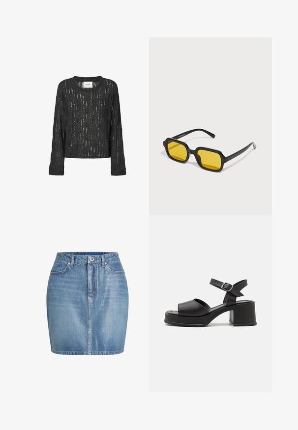Donkergrijze, gebreide trui met een losse pasvorm. Heeft een kantpatroon, lange mouwen en een ronde halslijn. Merklabel inbegrepen.; Leren jeans rok in lichtblauw, heeft een getailleerde pasvorm, een voorknopsluiting en een traditionele vijf-pocket design met subtiele vervaging.; Zwarte leren sandalen met een enkelbandje, open teen, chunky hakken en een platformzool. Gladde textuur en minimalistisch design.; Zwarte rechthoekige zonnebril met gele lenzen. Kenmerken zijn onder andere dikke monturen en een hoekig ontwerp met een gladde, glanzende afwerking.