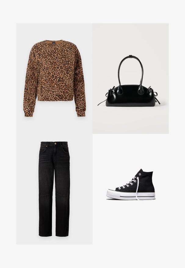 Sweatshirt med leopardmønster i nuancer af brunt og sort. Fremstillet af blødt stof, har rund halsudskæring og lange ærmer med ribbede manchetter.; Sorte denimjeans med lige ben, fem lommer, knaplukning og subtile falmede detaljer ved lårene og knæene.; Sort high-top canvas sneaker med hvid gummisål og hvide snørebånd, vist fra siden mod en hvid baggrund.; Lille sort blank håndtaske med to lange håndtag og snøre-detaljer i siden på en ensfarvet lys baggrund.