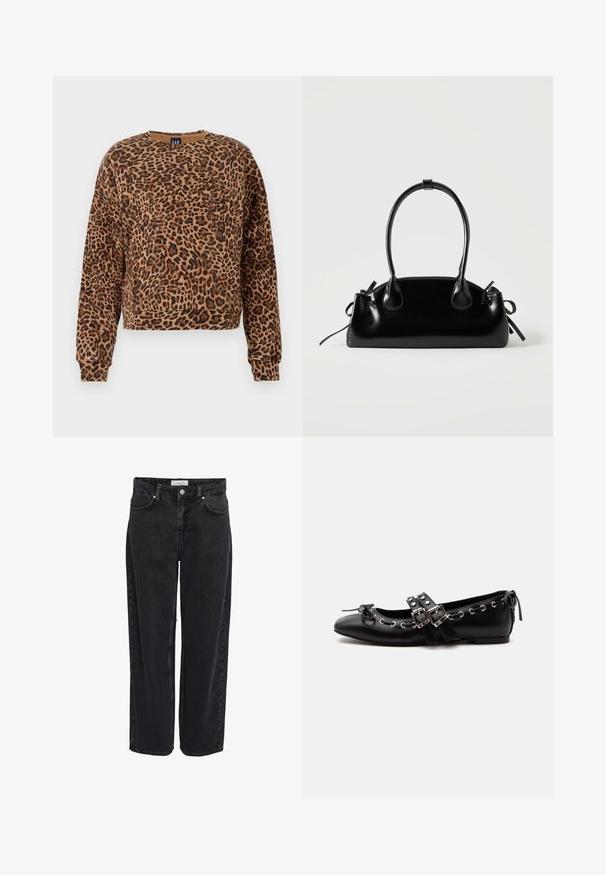 Sweatshirt mit Leopardenmuster in Brauntönen und Schwarz. Hergestellt aus weichem Material, verfügt über einen runden Ausschnitt und lange Ärmel mit gerippten Bündchen.; Schwarze Denim-Jeans mit weitem Bein und hoher Taille, fünf Taschen und Reißverschluss. Glatte Textur mit minimal sichtbaren Nähdetails.; Schwarzer flacher Ballettschuh mit doppelten Schnallenriemen, silbernen Ösen und einer kleinen Schleife nahe der abgerundeten Spitze auf weißem Hintergrund.; Kleine schwarze glänzende Handtasche mit zwei langen Griffen und seitlichen Kordelzug-Details vor einfachem hellem Hintergrund.