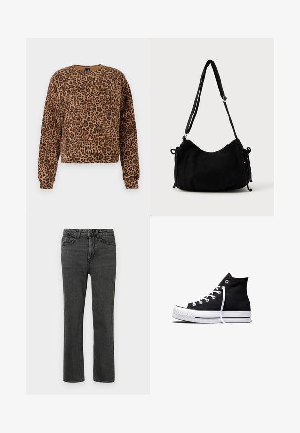 Sweatshirt à motif léopard dans des tons de marron et de noir. Fabriqué en tissu doux, il possède un col rond et des manches longues avec des poignets côtelés.; Jeans en denim noir avec une coupe droite, comportant cinq poches, des passants de ceinture et une fermeture à bouton à l'avant. Le tissu texturé présente une légère usure.; Baskets montantes en toile noire avec semelle en caoutchouc blanche et lacets blancs, vues de côté sur un fond blanc.; Sac à épaule en velours côtelé noir avec une forme courbée, bandoulière réglable et fermetures à cordon des deux côtés pour un ajustement de taille.
