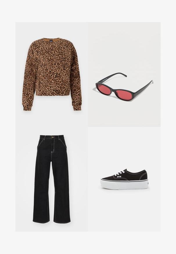 Sweatshirt mit Leopardenmuster in Brauntönen und Schwarz. Hergestellt aus weichem Material, verfügt über einen runden Ausschnitt und lange Ärmel mit gerippten Bündchen.; Schwarze Jeans mit weitem Bein aus Denim. Verfügt über kontrastierende weiße Nähte, Vordertaschen und einen Knopfverschluss in der Taille.; Schwarze Leinensneaker mit einer weißen Gummiplattformsohle, weißen Schnürsenkeln und Nähten, ikonischer Markenaufdruck an der Seite, im Low-Top-Design.; Schwarze ovale Sonnenbrille mit schlanken Bügeln und rot getönten Gläsern, die auf einer weißen Oberfläche liegt.