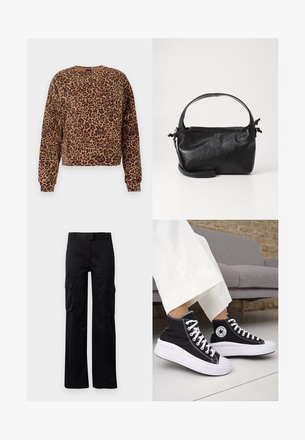 Leopardimustriga sweatshirt pruunide ja mustade toonidega. Valmistatud pehmest kangast, ümar kaelus ja pikad varrukad elastsete kraeääridega.; Mustad mustad püksid, mis on valmistatud vastupidavast kangast, sisaldavad kahte küljetaskut ja sirget jala kujundust. Sile tekstuur klassikalise sobivusega.; Mustad kõrge säärega tossud valgete kummist tallade ja paeltega. Omad ümmargust logomärki ja kontrastset valget õmblust. Materjaliks lõuend.; Must mustrikujundusega must nahast käekott, ümarate pealmiste käepidemete ja eemaldatava õlalihaga. Omab siledat tekstuuri ja peent sära.