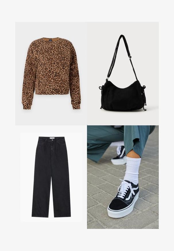 Sweatshirt mit Leopardenmuster in Brauntönen und Schwarz. Hergestellt aus weichem Material, verfügt über einen runden Ausschnitt und lange Ärmel mit gerippten Bündchen.; Schwarze hoch geschnittene, weit geschnittene Jeans aus Denim mit Vorderknopf- und Reißverschluss, Gürtelschlaufen und fünf Taschen.; Schwarze Wildledersneaker mit weißen Akzenten und Schnürsenkeln, ausgestattet mit einer dicken weißen Sohle und kontrastierenden Nähten, kombiniert mit einer weißen Socke.; Schwarze Cordtasche mit geschwungener Form, verstellbarem Schultergurt und Kordelzugverschlüssen an beiden Seiten zur Größenanpassung.