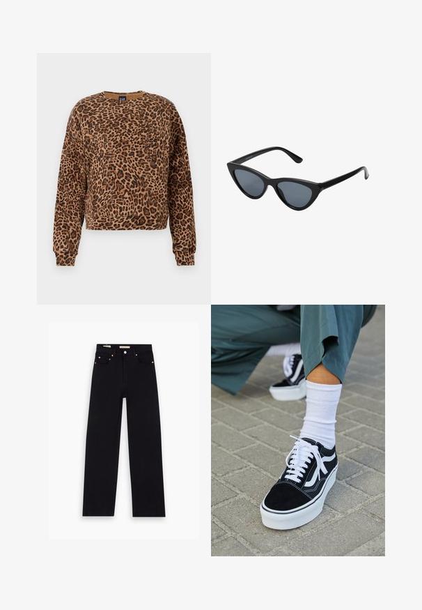 Sweater met luipaardprint in bruin- en zwarttinten. Gemaakt van een zachte stof, met een ronde halslijn en lange mouwen met geribbelde manchetten.; Zwarte denim jeans met een recht model, vijf zakken, koperen hardware en een gladde textuur. Twee labels zichtbaar op de tailleband.; Zwarte suède sneaker met witte accenten en veters, uitgerust met een dikke witte zool en contrasterende stiksels, gecombineerd met een witte sok.; Zwarte cat-eye zonnebril met donkergrijze lenzen, slank plastic frame, puntige hoeken en rechte pootjes. Geen zichtbare hardware of accenten.
