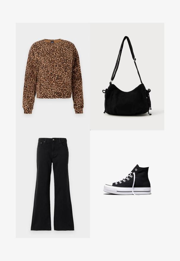 Sweatshirt mit Leopardenmuster in Brauntönen und Schwarz. Hergestellt aus weichem Material, verfügt über einen runden Ausschnitt und lange Ärmel mit gerippten Bündchen.; Schwarze hochtaillierte Jeans aus Denim mit fünf Taschen und ausgestellt geschnittenen Beinen, präsentiert vor einem weißen Hintergrund.; Schwarzer High-Top-Canvas-Sneaker mit weißer Gummisohle und weißen Schnürsenkeln, seitlich dargestellt vor weißem Hintergrund.; Schwarze Cordtasche mit geschwungener Form, verstellbarem Schultergurt und Kordelzugverschlüssen an beiden Seiten zur Größenanpassung.